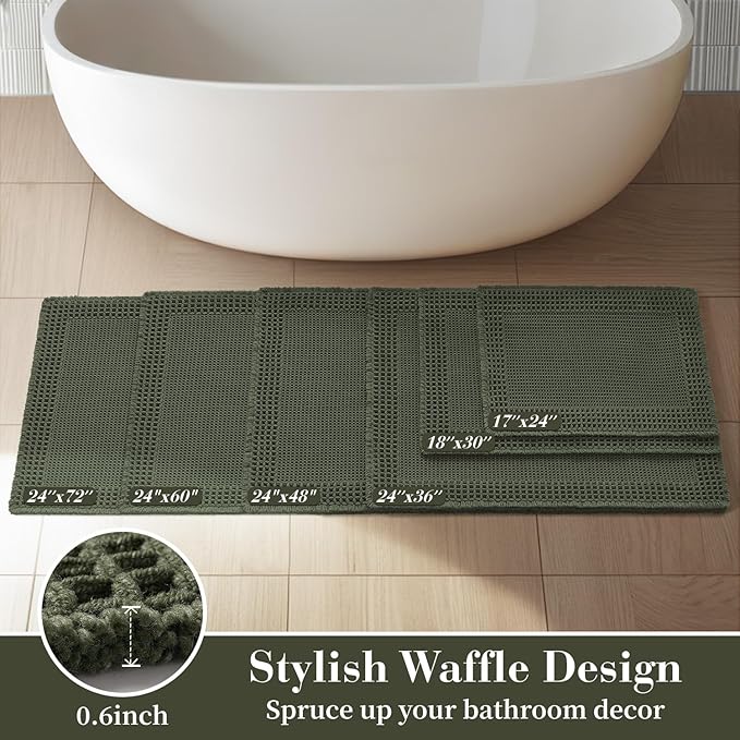 RESARE Christmas Waffle Bathroom Runner Rugs, Super Absorbent Bath Mat Non Slip Washable Quick Dry, Upgraded Ultra Soft Boho Bath Rugs with Tassels for Bedroom Laundry Room, 2'x6'(24"x72"), Green