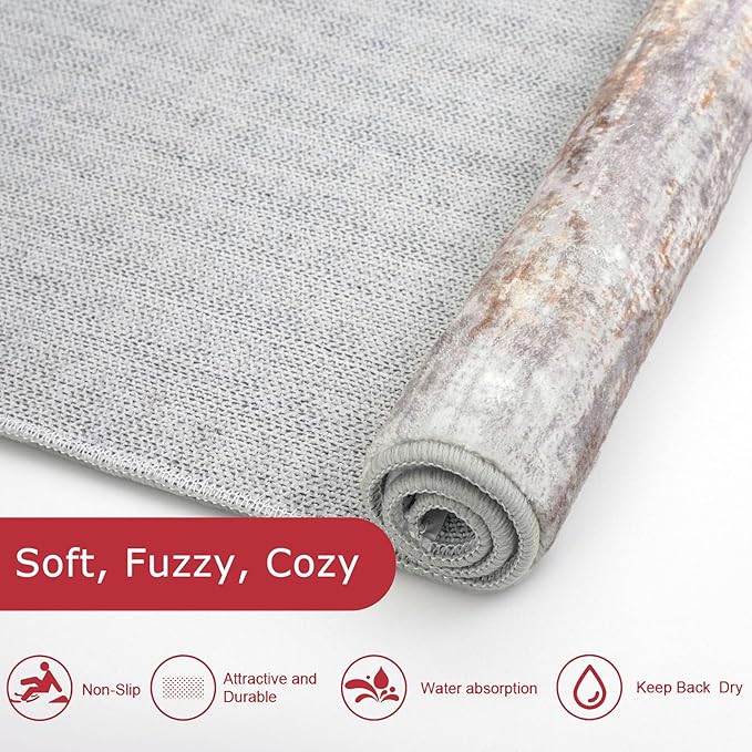 KOZYFLY Modern Abstract Small Area Rugs 2x3, Washable Kitchen Rug Non-Slip Soft Small Bathroom Rug, Multi Grey/Orange Striped Entryway Rugs Print Faux Wool Doormat
