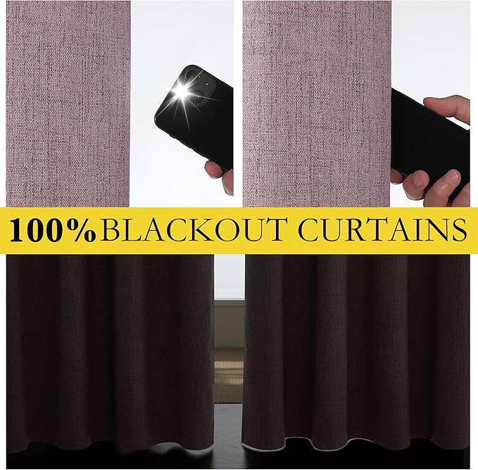 NICETOWN Chaise Mauve Vintage Linen 100% Blackout Curtains for Living Room, Thermal Insulated Curtains 95" Long, Noise Reducing Window Treatment Drapes for Bedroom, 52" Wide Per Panel, Set of 2