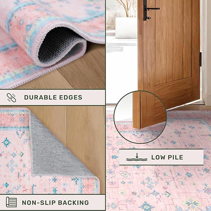 Hazo Haus Nursery Area Rug 4x6 - Pink Rugs for Girls Bedroom, Living Room - Washable Low Pile Non-Slip Charming Boho Vintage Traditional Oushak Design, Perfect for Kids Rooms