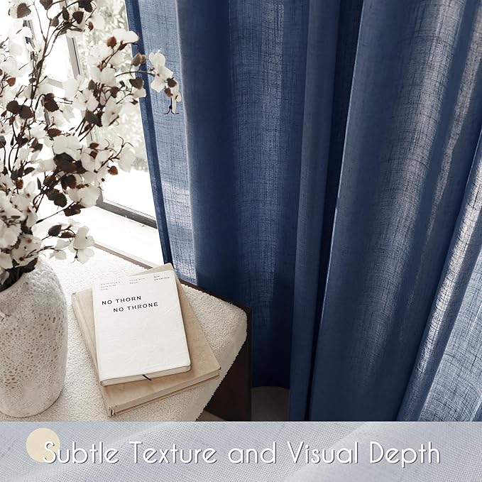 Navy Blue Curtains 96 inch Length for Bedroom Back Tab Light Filtering Semi Sheer Blue Living Room Curtains Linen Cotton Textured Indigo Blue Drapery Panel Modern Farmhouse Aesthetic Decor Dark Blue