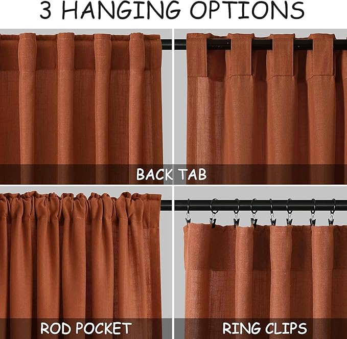 Nanspring Terracotta Linen Curtains 84 Inches Long 2 Panel Set Back Tab Boho Rustic Farmhouse Curtain for Living Room Semi Sheer Light Filtering Luxury Home Decor for Bedroom Dining Room 60x84