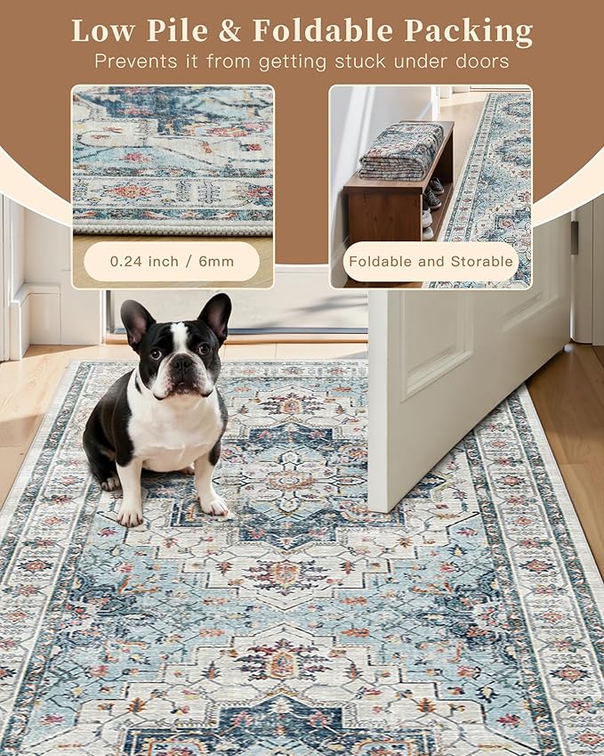 Madane 4x12 Wide Hallway Runners: Washable Runner Rug for Entryway Living Room Soft Vintage Non Slip Carpet Runner for Kitchen Dining Room Nursery Bedroom Thin Area Rug (Blue, 4x12ft)
