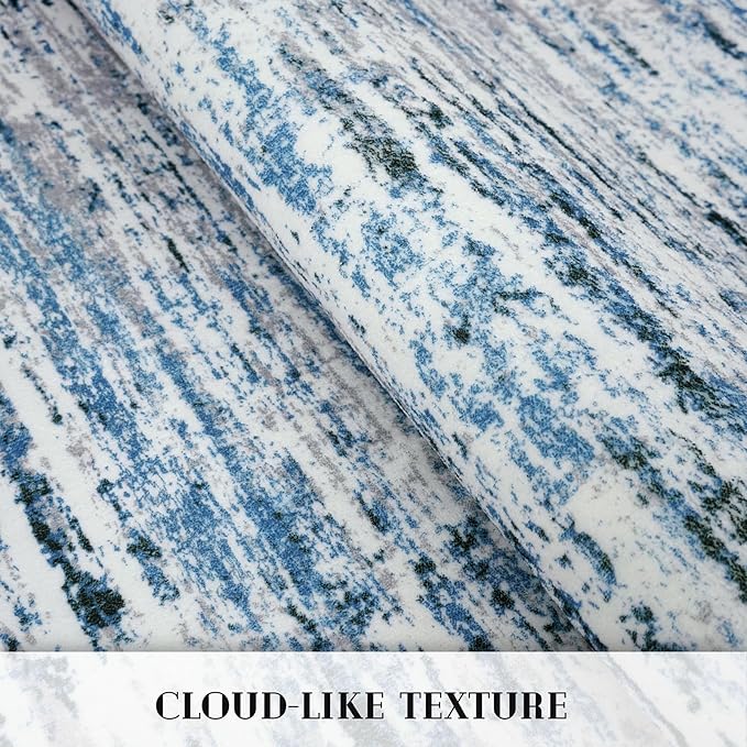 Lansny Modern Abstract Runner Rug 3x8, Grey Blue White, Washable Kitchen Runner Non-Slip Soft Hallway Rug Thin Print Faux Wool Carpet for Entryway Bedroom Laundry Room Indoor Home Office Decor
