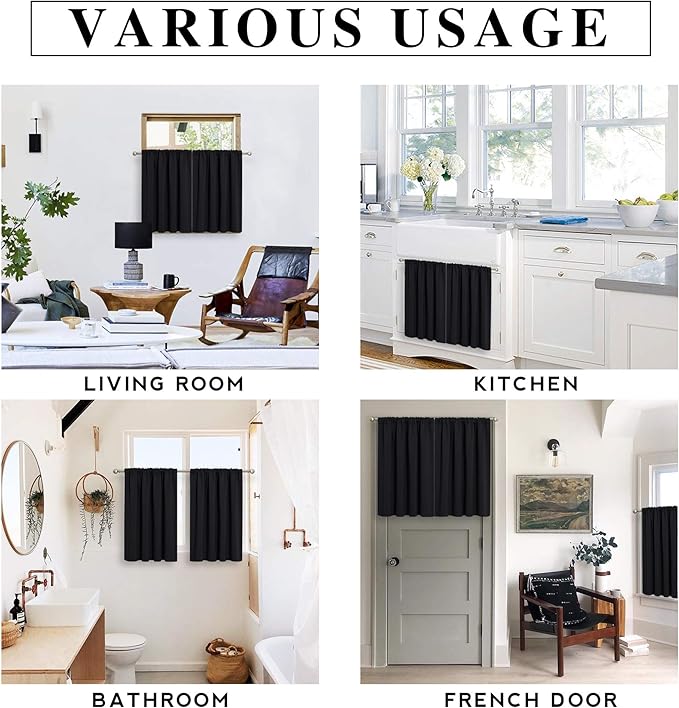 RYB HOME Blackout Curtains for Bedroom Living Room 72 inches Long, Thermal Insulated Privacy Rod Pocket Drapes for Nursery Office Home Theater, Width 34 by Length 72, Black, 2 Panels