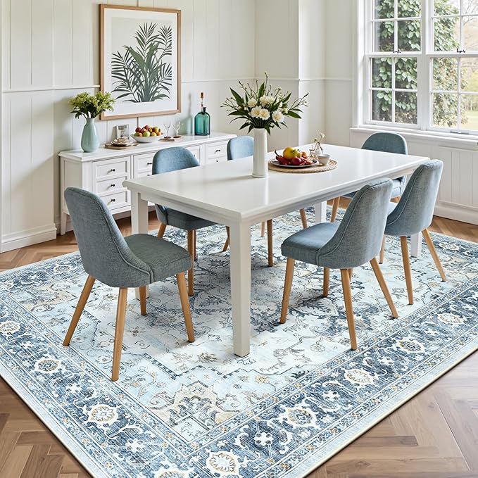 Lofus 5x7 Area Rugs for Living Room, Machine Washable Non-Slip Area Rug, Low Pile Large Rugs for Bedroom, Kitchen, Dining Room, Home Office, Vintage Oriental Print Rug, Blue Gold