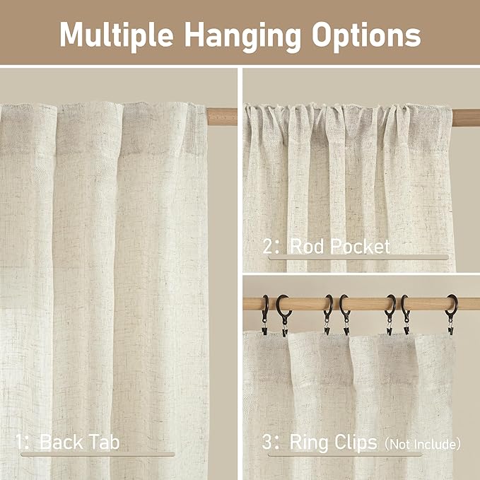 LAMIT 45 Inch Short Window Linen Curtains, Light Filtering Panels Back Tab and Rod Pocket Neutral Drapes for Cafe/Bathroom/Loft Room, Natural, 2 Panels, 34 x 45 Inch
