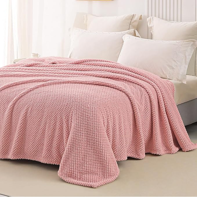 Whale Flotilla Queen Size Fuzzy Fleece Blanket for Bed, 90x90 Inch Fluffy Warm Soft Jacquard Blankets for All Season, Lightweight and Cozy, Pink
