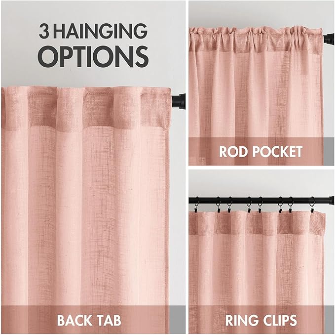 MIULEE Blush Pink Linen Curtains 108 Inches Long 2 Panels for Girls Bedroom Nursery, Soft Thick Linen Textured Window Drapes Semi Sheer Light Filtering Back Tab for Kids Living Room Light Pink Decor