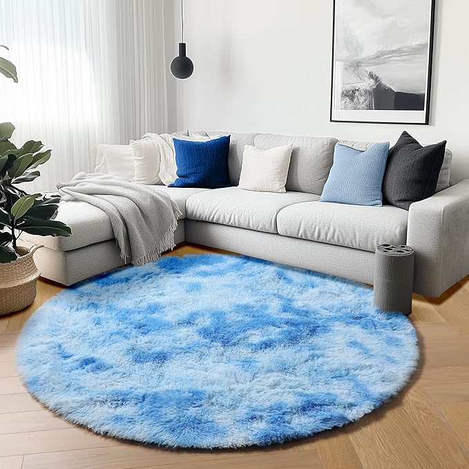 ONASAR Tie-Dye Blue Round Area Rug 4ft, Soft Bedroom Circle Rugs Floor Mats for Kids Girls Teen Room, Kawaii Fluffy Plush Shaggy Carpet for Baby Nursery Living Room Playroom Home Decor