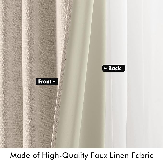 MIULEE 100% Blackout Linen Curtains for Bedroom, Natural Solid Luxury Decor Thermal Insulation Room Darkening Drapes for Living Room Nursery Back Tab Rod Pocket 42 x 63 Inches, 2 Panels