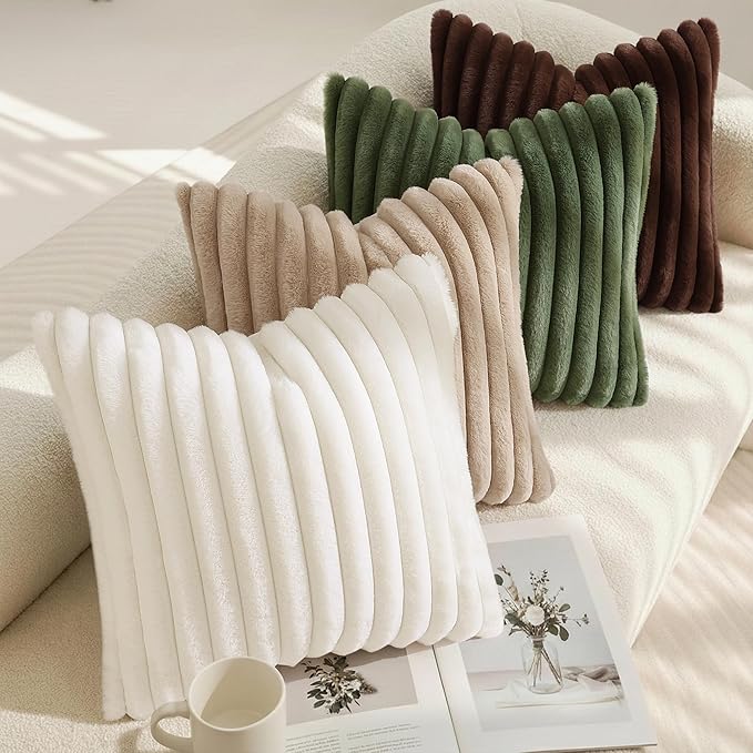 decorUhome Cozy Faux Fur Throw Pillow Covers 16x16 Set of 2 Decorative Soft Plush Striped Modern Farmhouse Boho Couch Pillow Cases with Velvet Back for Sofa Bed Living Room, Khaki Brown