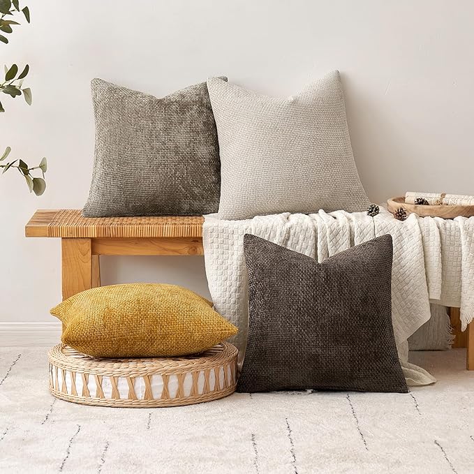 MIULEE Pack of 2 Couch Throw Pillow Covers 20x20 Inch Neutral Gold Modern Boho Accent Decorative Pillow Covers Soft Chenille Farmhouse Cushion Covers for Home Decor Bed Sofa Living Room