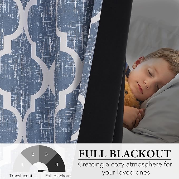 Beauoop 100% Blackout Curtains 63 Inches Long 2 Panels for Bedroom Living Room Blue Moroccan Geo Room Darkening Thermal Insulated Soundproof Grommet Top Window Treatments Drapes, 50x63 Set of 2