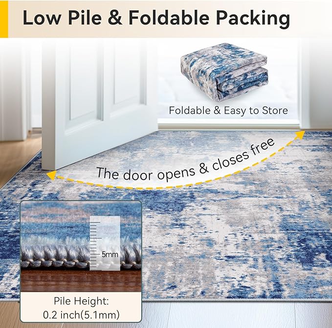 Washable Area Rugs Square 7ft Non-Slip Modern Abstract Soft for Living Room Entryway Bedroom Nursery, Print Pattern, Blue Grey Navy Gray