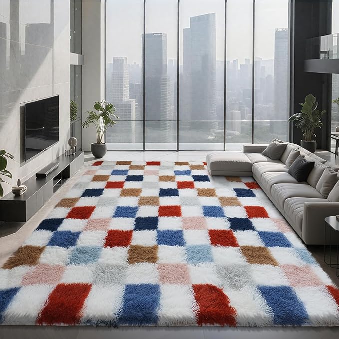 Large Shag Area Rug for Bedroom Living Room,8x10 Fluffy Soft Colorful Checkered Rug Fuzzy Shaggy Bedroom Carpet,Indoor Plush Floor Rugs for Kids Boys Girls Teen Dorm Nursery Home Decor