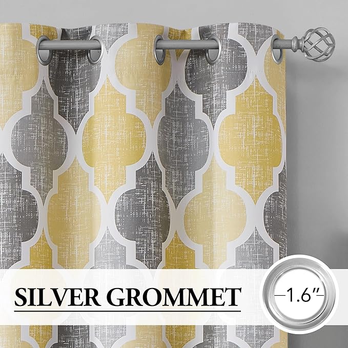 Beauoop 100% Blackout Curtains 90 Inches Long 2 Panels for Bedroom Living Room Yellow Grey Moroccan Geo Room Darkening Thermal Insulated Soundproof Grommet Top Window Treatments Drapes, 50x90 Set of 2