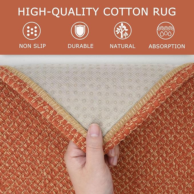 KOZYFLY Washable Area Rug 4x6 ft Non Slip Rubber Backed Living Room Rugs Braided Woven Cotton Kitchen Rugs Indoor Outdoor Entryway Rug Floor Carpet for Dining Living Room Bedroom, Orange/Tan