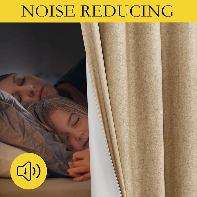 NICETOWN 100% Absolutely Blackout Linen Curtains with Thermal Insulated White Liner, Camel, 52" Wide by 63" Long, 2 Pieces, Linen Blend Window Drapes Privacy Window Treatments for Bedroom/Kids Room