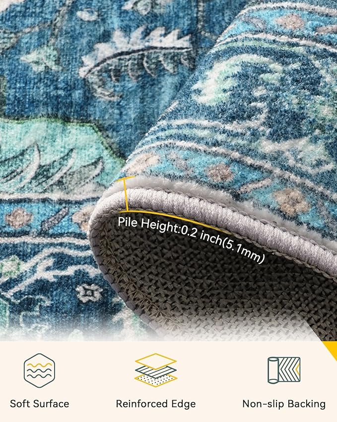 RELEANY Area Rugs 2'x5' Runner Rug Non Slip Washable for Kitchen Hallway Bedroom Beside Laundry Room Bathroom Rug, Floor Carpet, Teal Green Lake Blue Turquoise