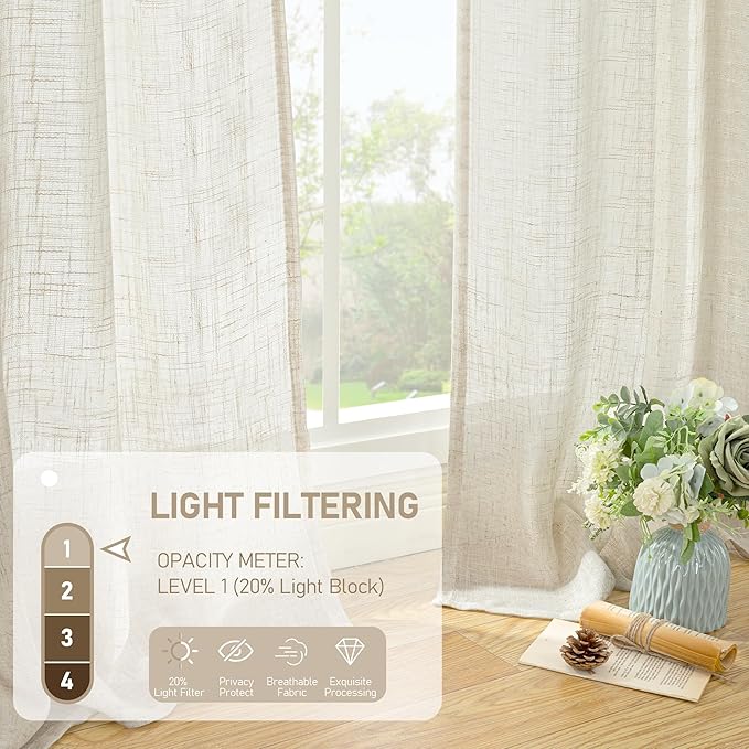 LAMIT 102 inch Long Linen Curtains 2 Panels for Living Room, Natural Cream Ivory Light Filtering Semi Sheer Linen Curtains Back Tab and Rod Pocket Neutral Drapes for Bedroom/Farmhouse, 52 x 102 Inch