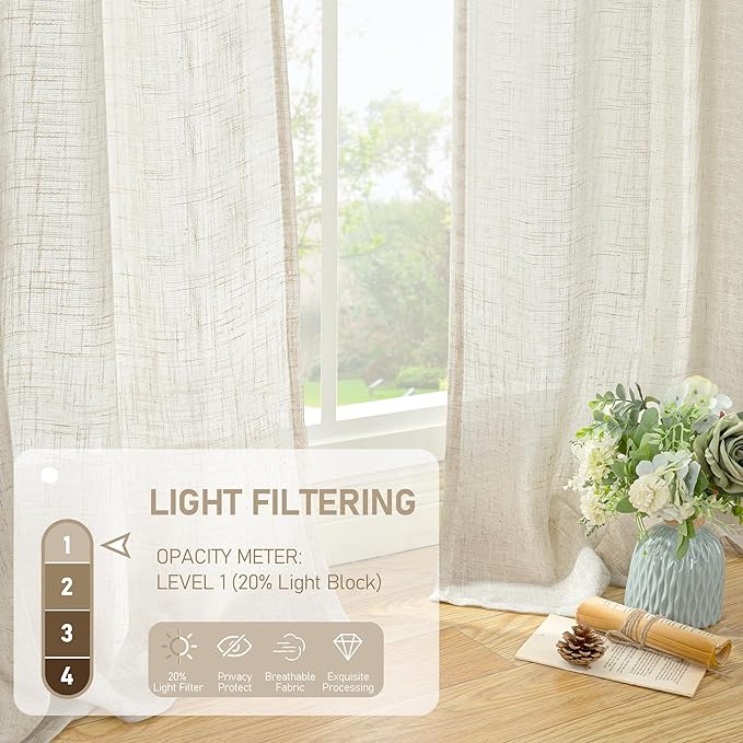 LAMIT 54 inches Long Semi Sheer Linen Curtains 2 Panels, Cream Ivory Light Filtering Panels Back Tab and Rod Pocket Boho Neutral Drapes for Living Room/Bedroom/Farmhouse, 38 x 54 Inch