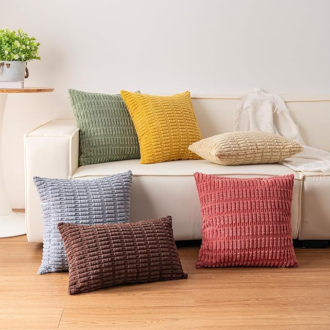 Pack of 2 Corduroy Decorative Throw Pillow Covers 24x24 InchSoft Striped Pillow Covers Modern Farmhouse Home Decor for Sofa Living Room Couch Bed（White）