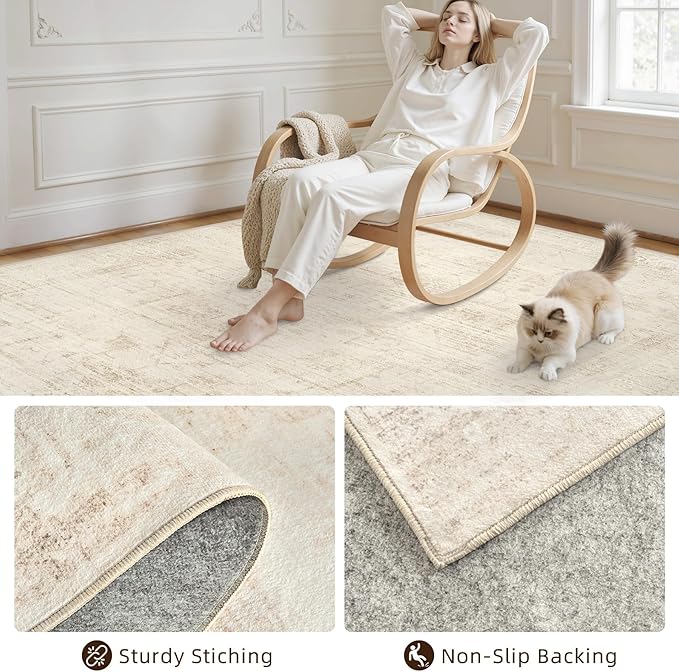 Area Rugs 9x12 Living Room: Vintage Boho Neutral Washable Rug Indoor Soft Large Area Rug Carpet for Bedroom Nursery Farmhouse Dining Room Office Floor Non-Slip Low Pile Under Table Rug Dark Beige
