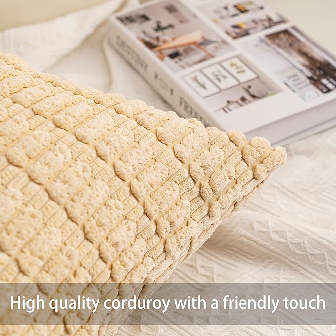 Pack of 2 Corduroy Decorative Throw Pillow Covers 22x22 Inch Soft Striped Pillow Covers Modern Farmhouse Home Decor for Sofa Living Room Couch Bed（Light Brown）