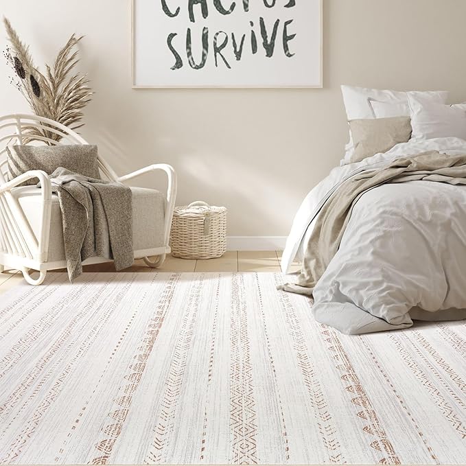 Nakagishi Area Rug Living Room Rugs: 5x7 Large Soft Machine Washable Boho Moroccan FarmNeutral Stain Resistant Indoor Floor Carpet for Bedroom Under Dining Table Home Office Decor-Cream Brown