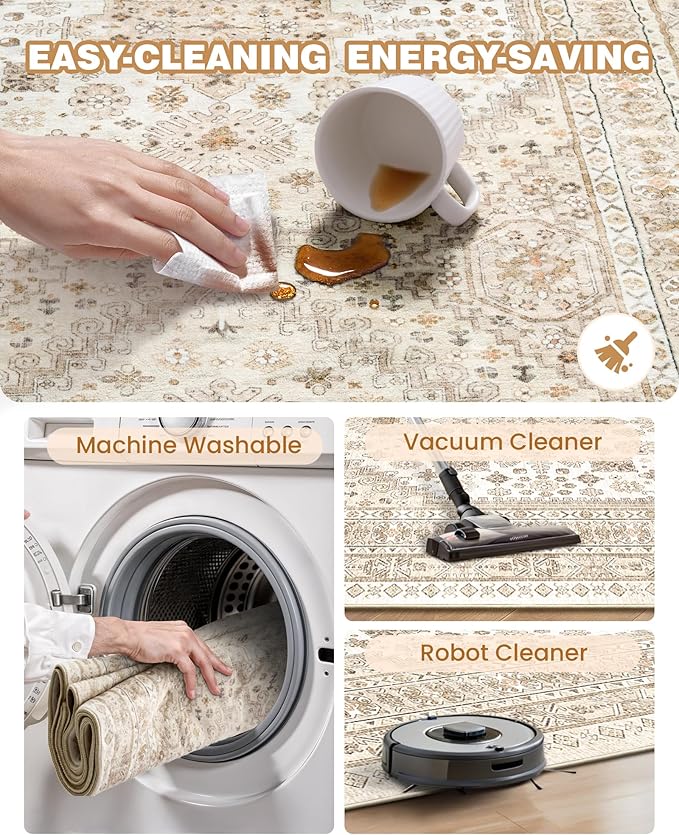 Runner Rug 2x8 Runners for Hallways Non Slip Washable, Vintage Hallway Runner Rugs for Living Room, Low Pile Soft Hallway Rug for Kitchen Bedroom Laundry Room(Cream/Beige,2'x8')