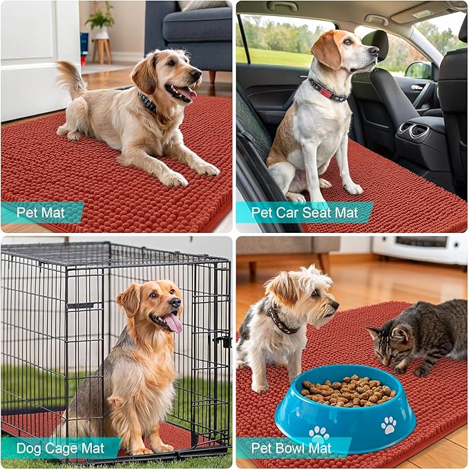 OLANLY Dog Door Mat for Muddy Paws 40x24, Absorbs Moisture and Dirt, Absorbent Non-Slip Washable Doormat, Quick Dry Chenille Mud Mat for Dogs, Entry Indoor Entryway Carpet for Inside Floor, Maple Red
