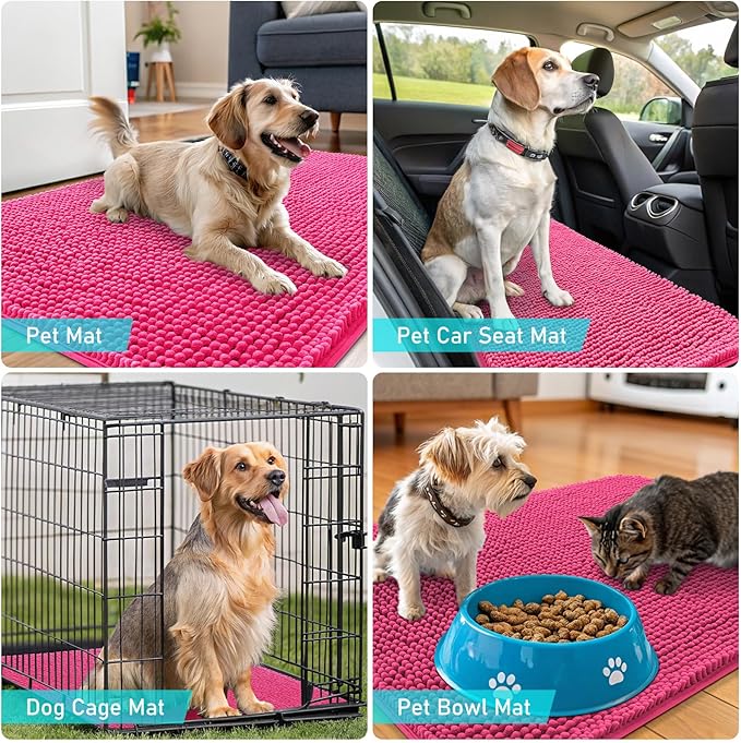 OLANLY Dog Door Mat for Muddy Paws 48x30, Absorbs Moisture and Dirt, Absorbent Non-Slip Washable Doormat, Quick Dry Chenille Mud Mat for Dogs, Entry Indoor Entryway Carpet for Inside Floor, Hot Pink
