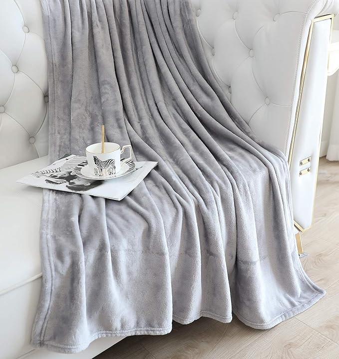 TASTHROW Large Flannel Fleece Throw Blanket, 50×70 Inch - Cozy Lightweight Thick Blanket - All Seasons Suitable for Women, Men and Kids (Light Grey)