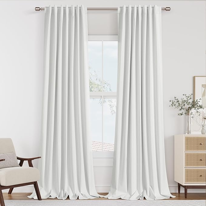 Guken White 100% Blackout Linen Curtains 96 Inch Length 2 Panels Set for Living Room Bedroom Back Tab Rod Pocket Thermal Insulated Black Out Drapes Room Darkening Farmhouse Window Curtains 52x96