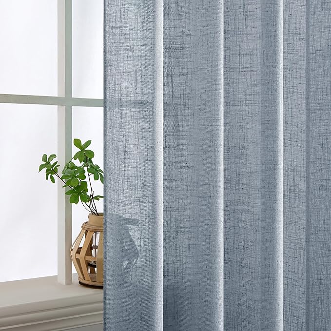 MIULEE Chambray Blue Linen Curtains 54 Inch Length 2 Panels for Bedroom Living Room, Soft Linen Textured Window Drapes Semi Sheer Light Filtering Back Tab Rod Pocket Farmhouse Modern Burlap Look Decor
