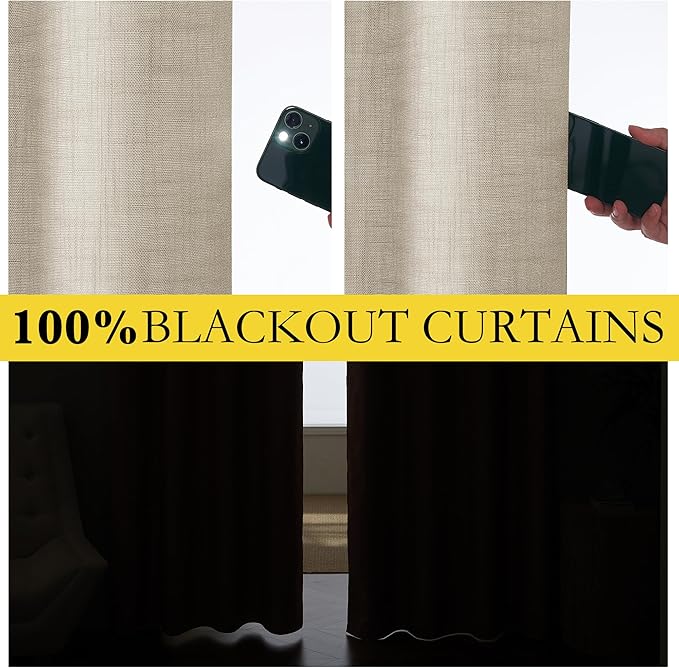 NICETOWN Taupe 100% Blackout Linen Curtains 84 inch Long Burg, Farmhouse Thick Completely Blackout Window Treatment Panels Thermal Insulated Drapes for Living Room (1 Pair, 52" Width Each Panel)