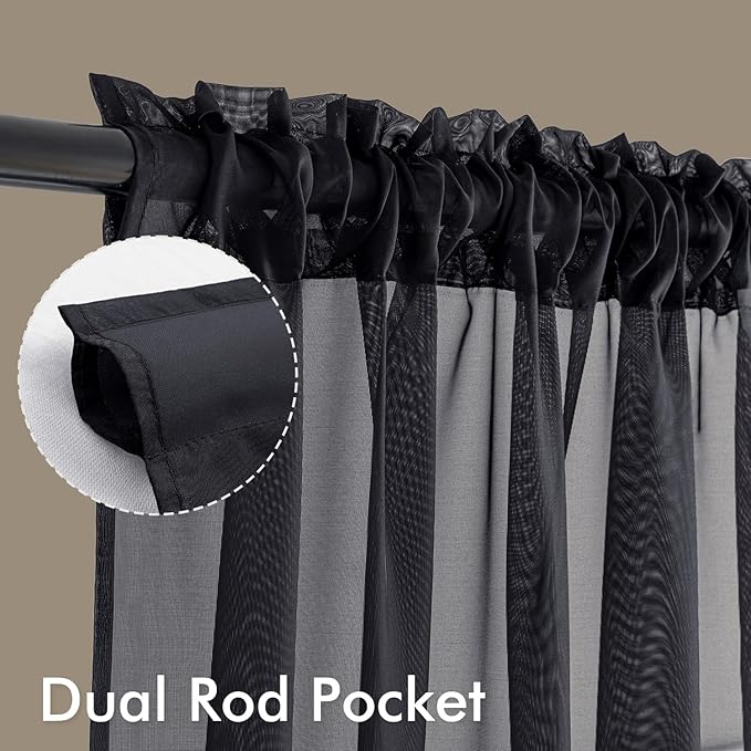 MIULEE Short Cafe Curtains 36 Inches Long, 4 Panels Set, Sheer Light Filtering Tier Curtains for Kitchen Windows Over Sink, Rod Pocket, 42W x 36 Inches, Black