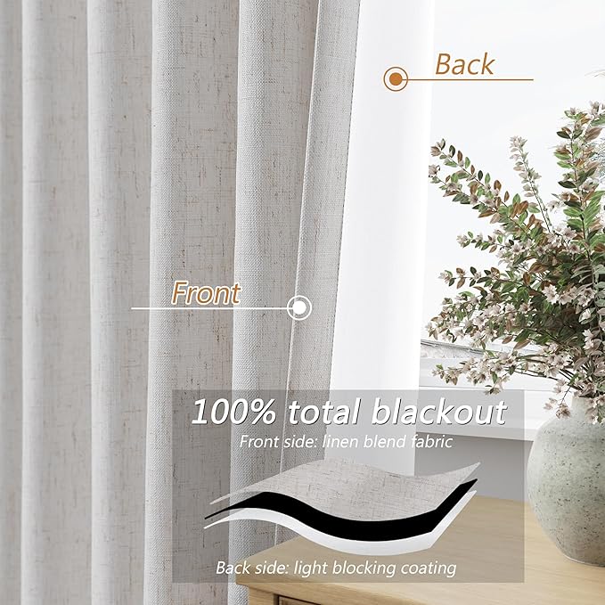 Guken Natural Linen 100% Blackout Curtains 96 Inches Long Floor to Ceiling Drapes for Living Room, Rustic Farmhouse Room Darkening Winter Thermal Insulated Black Out Sliding Barn Door Curtain, 52x96