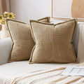 MIULEE Decorative Throw Pillow Covers for Couch Bed Livingroom 18x18 Inch Set of 2 Khaki Boho Accent Throw Pllows Broadside Striped Patchwork Soft Corduroy Pillowcases