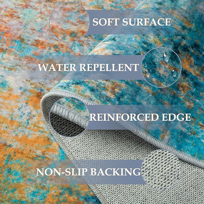 Washable Area Rugs 5'x8' Non-Slip Modern Abstract Soft for Living Room Entryway Bedroom Nursery, Print Pattern, Teal Blue Green Orange Rust Red Colorful