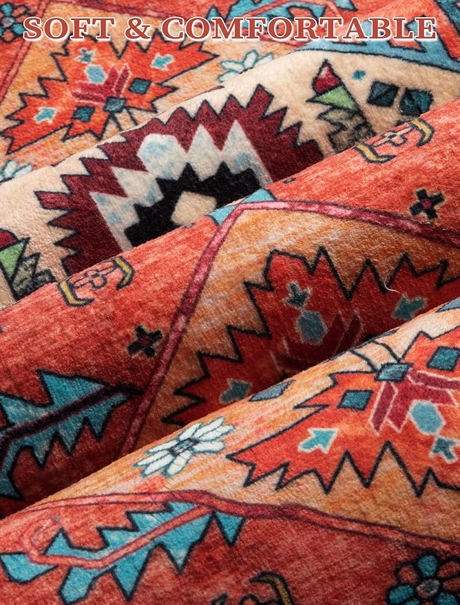 SERISSA Runner Rug for Hallways, 2'6"x18' Washable Non Slip Kitchen Runner Rug, Extra Long Boho Rug Ultra Soft Vintage Orange Print Floor Carpet for Hallway Living Room Dining Room Bedroom