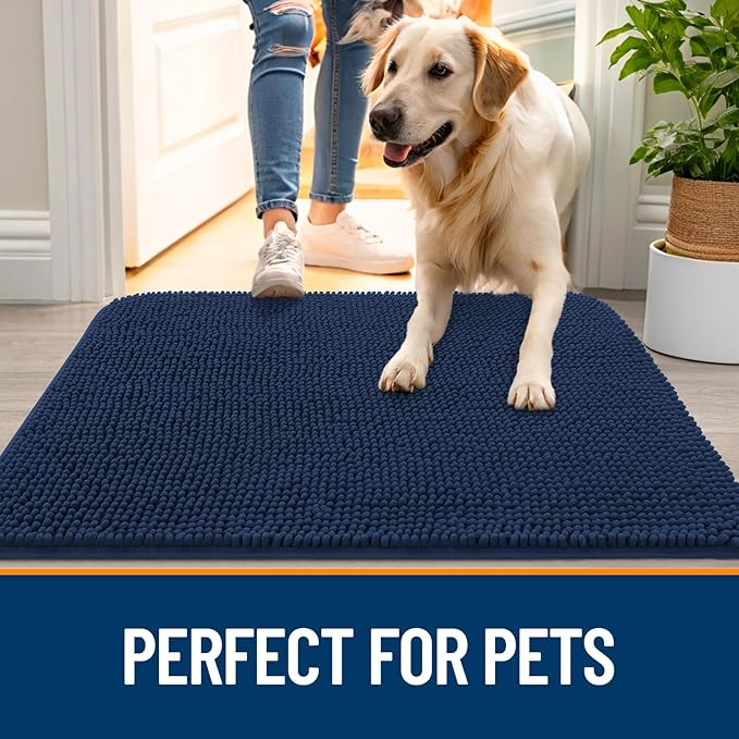 OLANLY Dog Door Mat for Muddy Paws 48x30, Absorbs Moisture and Dirt, Absorbent Non-Slip Washable Doormat, Quick Dry Chenille Mud Mat for Dogs, Entry Indoor Entryway Carpet for Inside Floor, Dark Blue