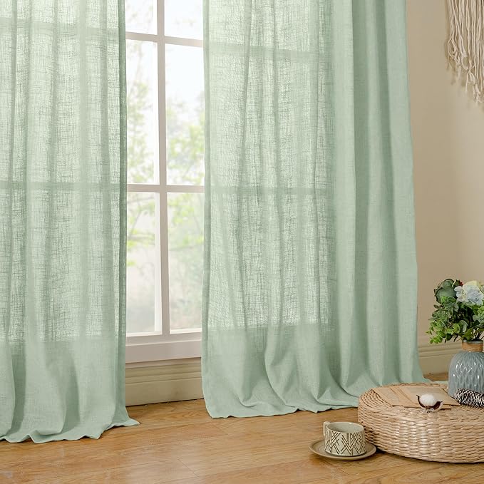 LAMIT Fresh Green Linen Curtains for Living Room, 80 Inch Faux Linen Textured Light Filtering Drapes Back Tab and Rod Pocket Boho Panels for Farmhouse/Bedroom/Porch, 52 x 80 Inch, 2 Panels Set