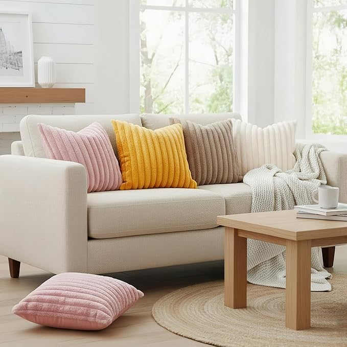 decorUhome Summer Cozy Faux Fur Throw Pillow Covers 24x24 Set of 2 Decorative Plush Striped Modern Farmhouse Boho Couch Euro Sham Pillow Cases with Velvet Back for Sofa Bed Living Room, Cream White