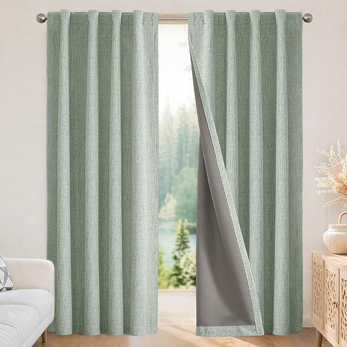 Joydeco Blackout Curtains for Bedroom - 100% Light Blocking 2 Panels Sage Green Drapes 37" W x 72" L, Thermal Insulated Room Darkening Curtains, Linen Textured for Living Room, Rod Pocket & Back Tabs