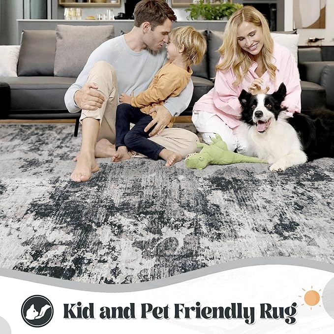 XLUEZ 6x9 Area Rugs for Living Room, Washable Modern Abstract Large Area Rug Neutral Soft Non Slip Kids Rug Stain Resistant Indoor Carpet for Bedroom Nursery Dining Room Playroom(Black, 6'x9')