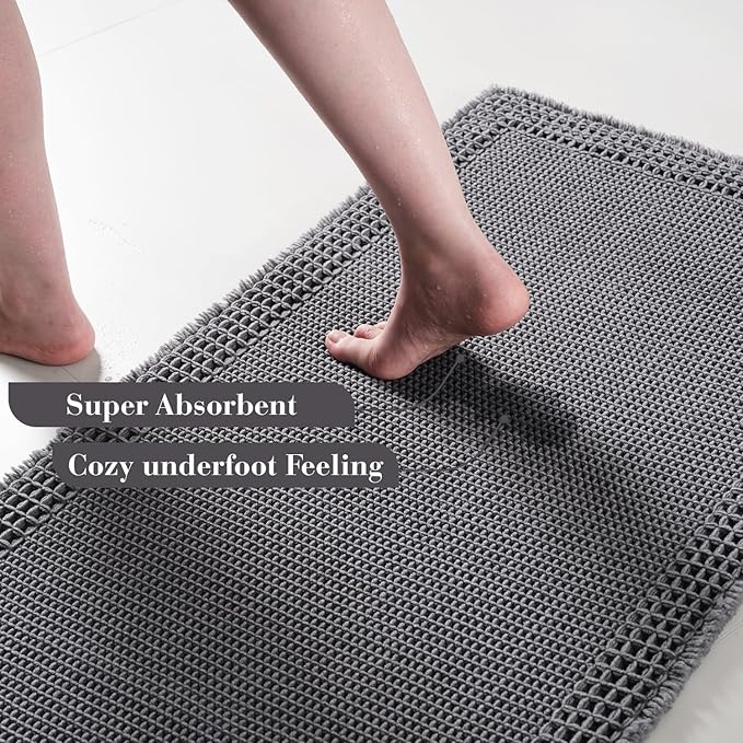 RESARE Waffle Bath Mat, Super Absorbent Non-Slip Machine Washable, Ultra Soft Boho Bath Rug with Tassels, Upgraded Bordered Design, 18"x30" Dark Grey