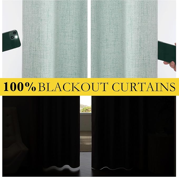 NICETOWN 100% Absolutely Blackout Linen Curtains with Thermal Insulated Liner, Seafoam Green, 52" Wide, 45" Length Energy Saving Curtains for Living Room 2 Panels Set, Vertical Blinds