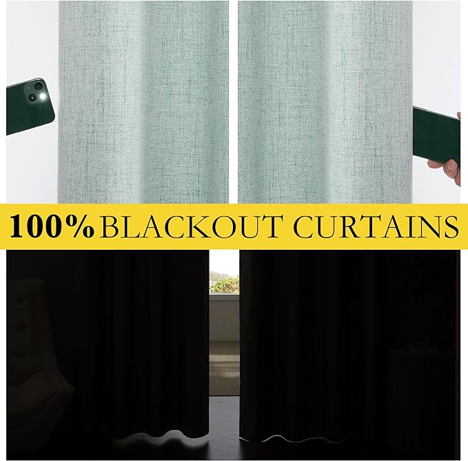NICETOWN 100% Absolutely Blackout Linen Curtains with Thermal Insulated Liner, Seafoam Green, 52" Wide, 102" Length Energy Saving Curtains for Living Room 2 Panels Set, Vertical Blinds